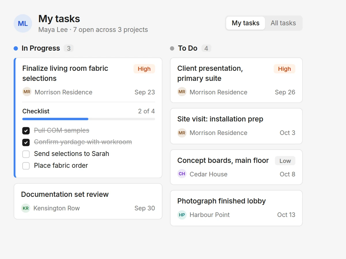 A designer's task board: fabric selections in progress with a checklist two of four done, and upcoming tasks by project