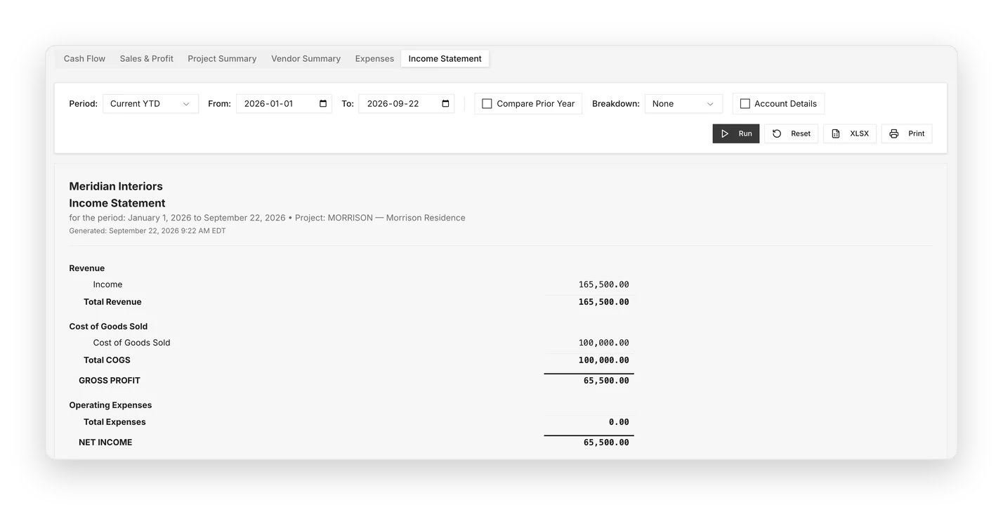 Project income statement for the Morrison Residence
