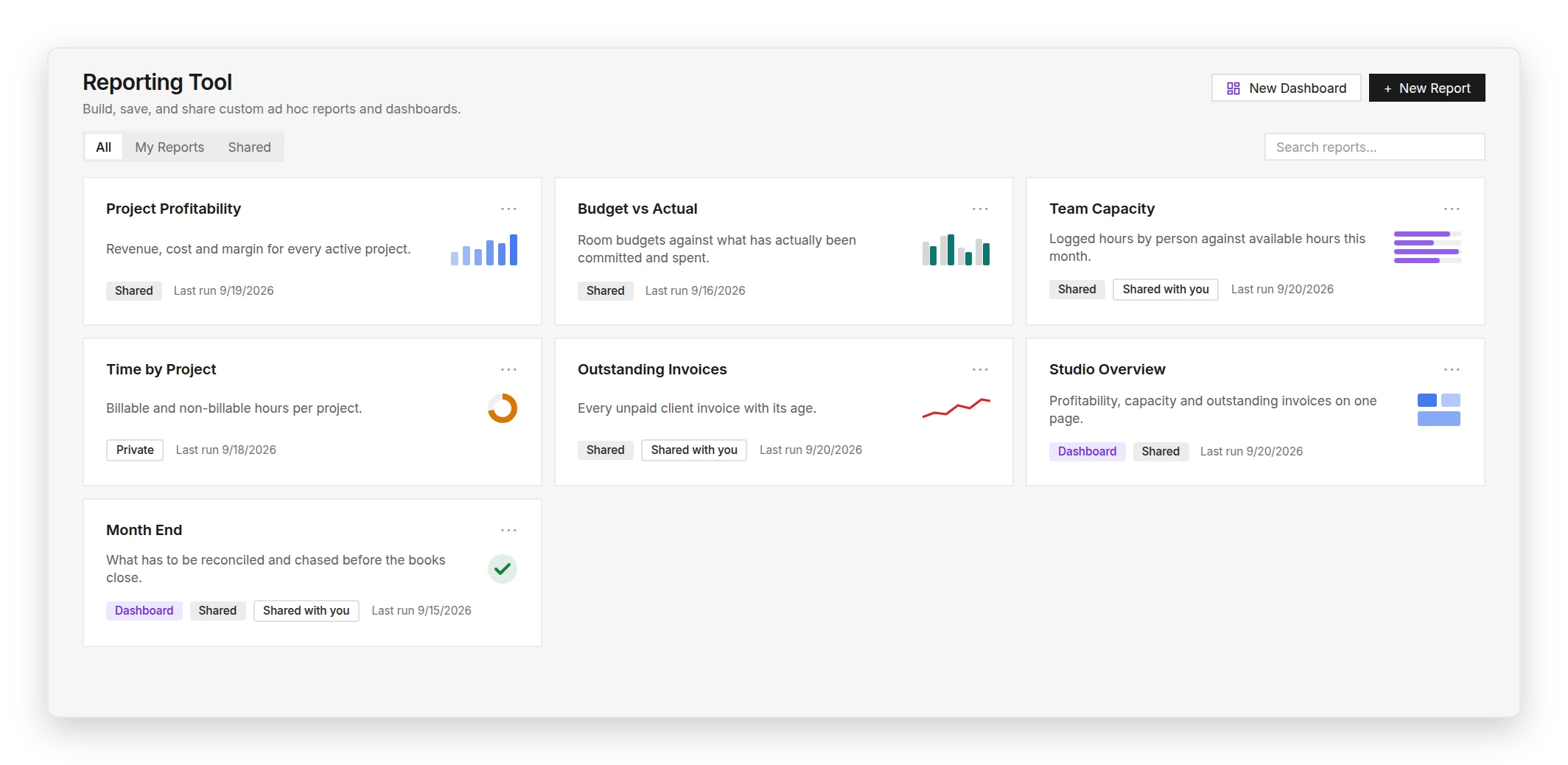 Reporting tool with saved reports and dashboards
