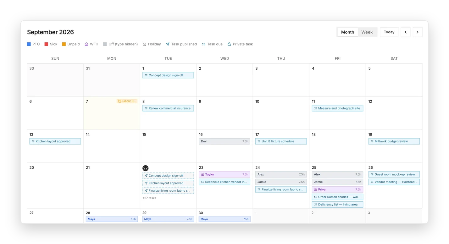 September studio calendar showing task due dates, published tasks, time off, work from home days and the Labour Day holiday